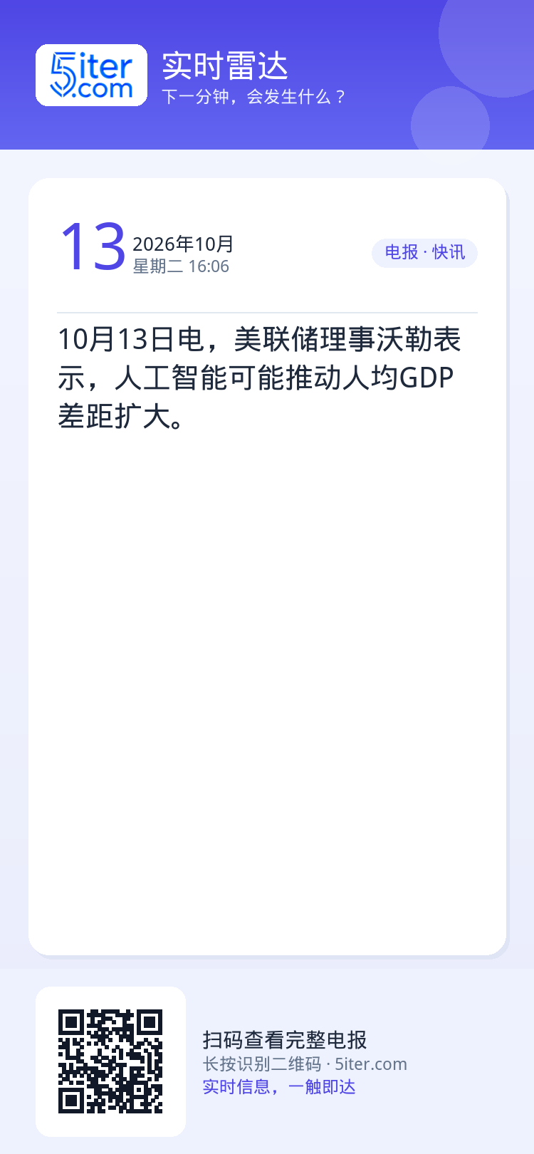 10月13日电，美联储理事沃勒表示，人工智能可能推动人均GDP差距扩大。