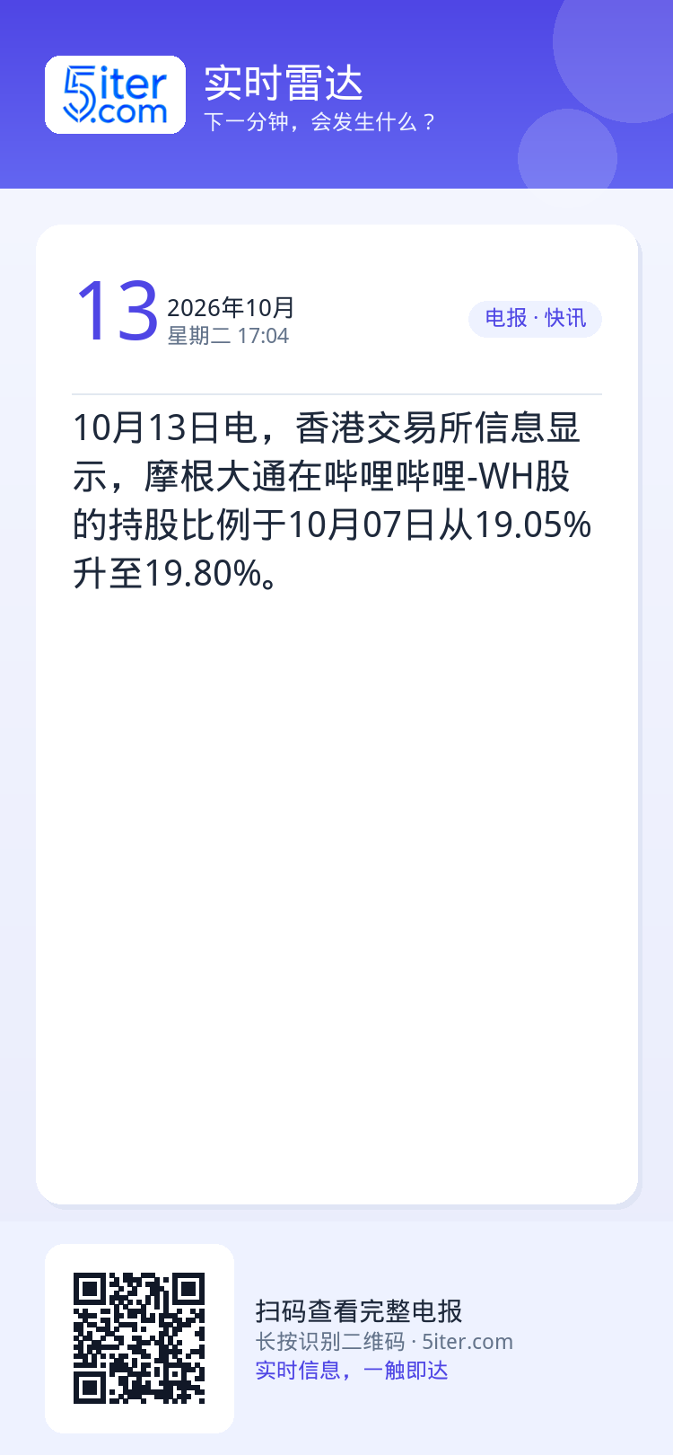 10月13日电，香港交易所信息显示，摩根大通在哔哩哔哩-WH股的持股比例于10月07日从19.05%升至19.80%。