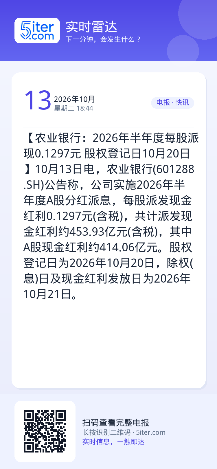 【农业银行：2026年半年度每股派现0.1297元 股权登记日10月20日】10月13日电，农业银行(601288.SH