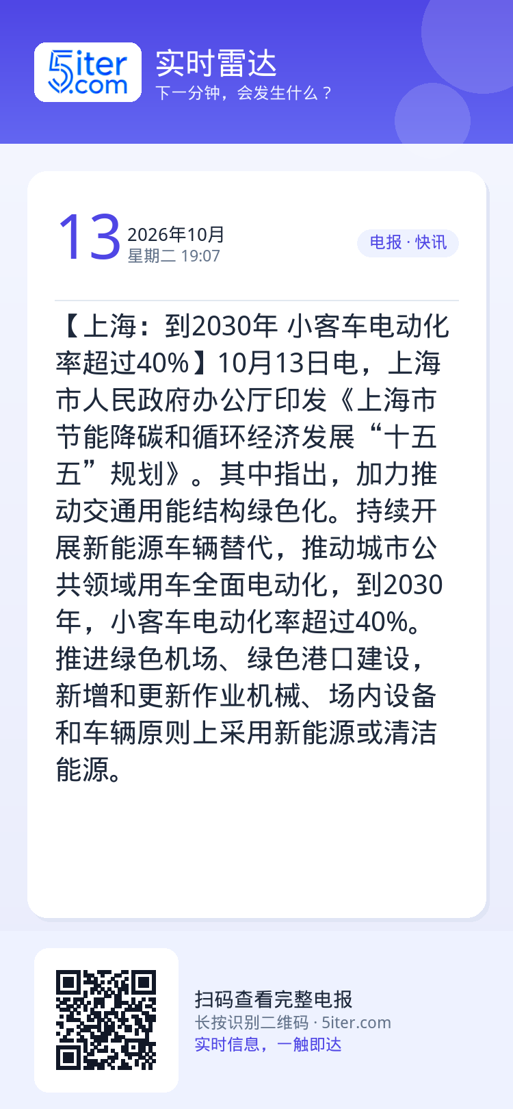 【上海：到2030年 小客车电动化率超过40%】10月13日电，上海市人民政府办公厅印发《上海市节能降碳和循环经济发展“