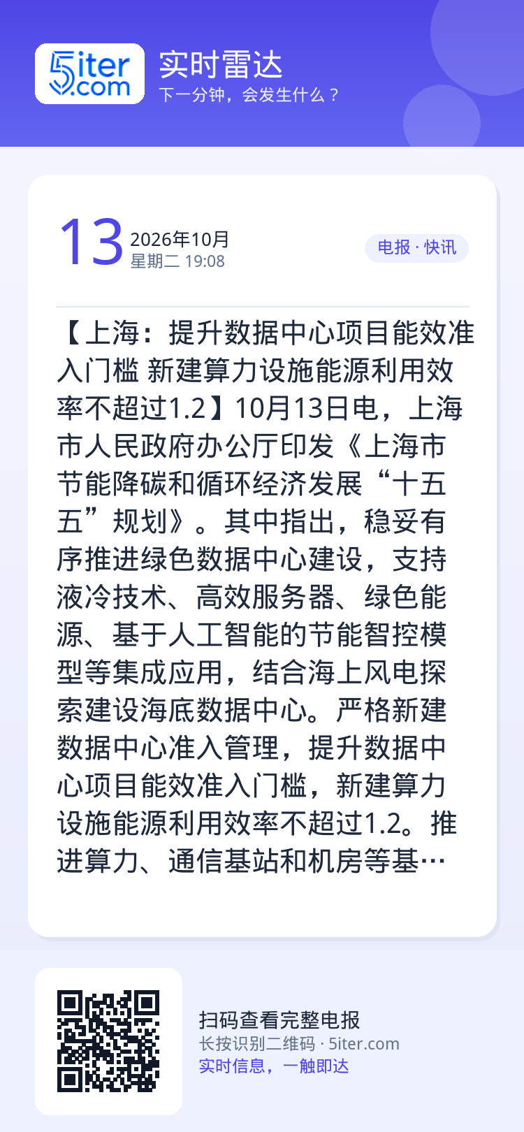 【上海：提升数据中心项目能效准入门槛 新建算力设施能源利用效率不超过1.2】10月13日电，上海市人民政府办公厅印发《上