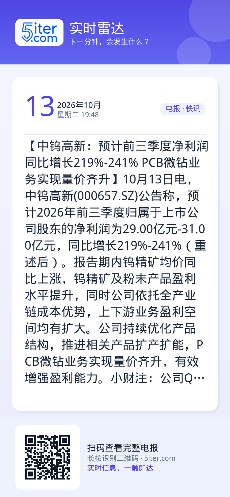 【中钨高新：预计前三季度净利润同比增长219%-241% PCB微钻业务实现量价齐升】10月13日电，中钨高新(0006