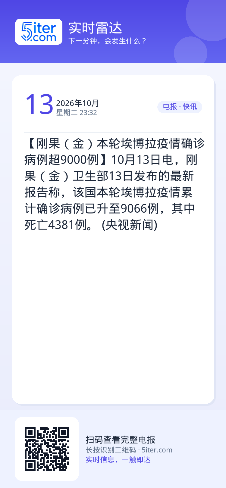 【刚果（金）本轮埃博拉疫情确诊病例超9000例】10月13日电，刚果（金）卫生部13日发布的最新报告称，该国本轮埃博拉疫