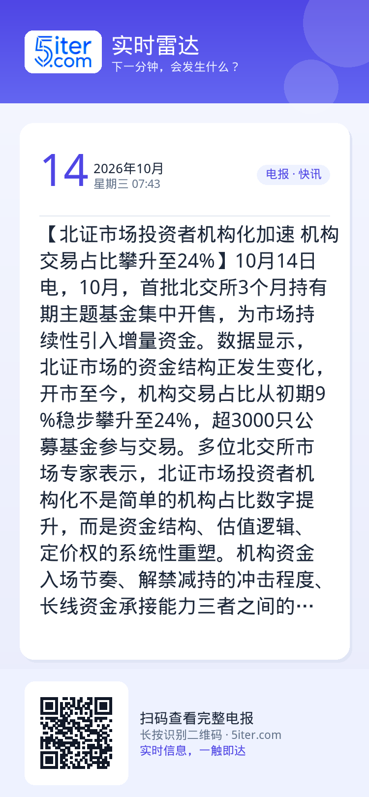 【北证市场投资者机构化加速 机构交易占比攀升至24%】10月14日电，10月，首批北交所3个月持有期主题基金集中开售，为