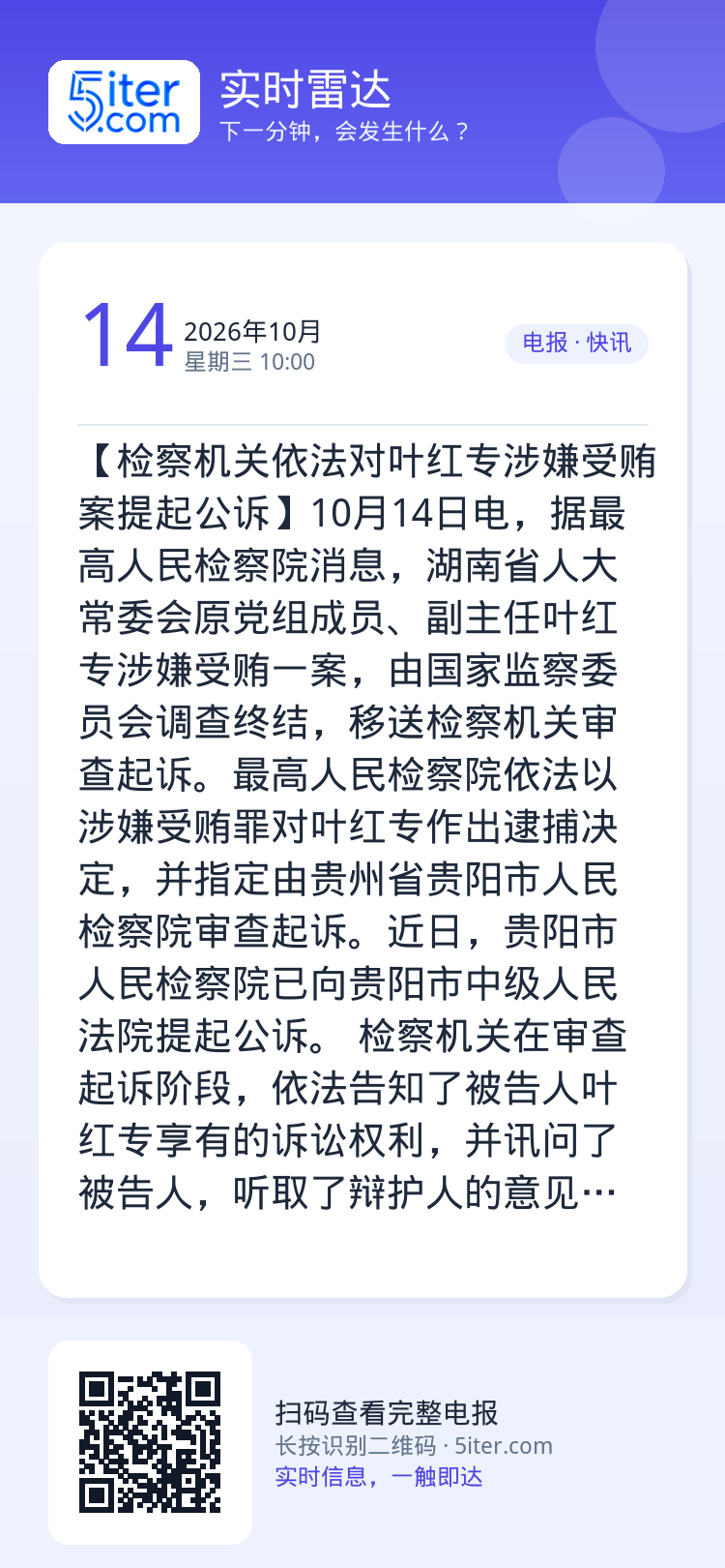 【检察机关依法对叶红专涉嫌受贿案提起公诉】10月14日电，据最高人民检察院消息，湖南省人大常委会原党组成员、副主任叶红专