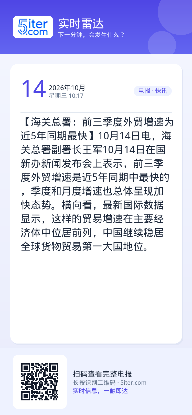 【海关总署：前三季度外贸增速为近5年同期最快】10月14日电，海关总署副署长王军10月14日在国新办新闻发布会上表示，前