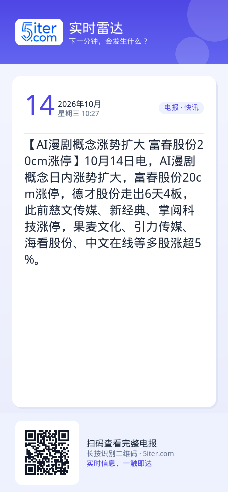 【AI漫剧概念涨势扩大 富春股份20cm涨停】10月14日电，AI漫剧概念日内涨势扩大，富春股份20cm涨停，德才股份走