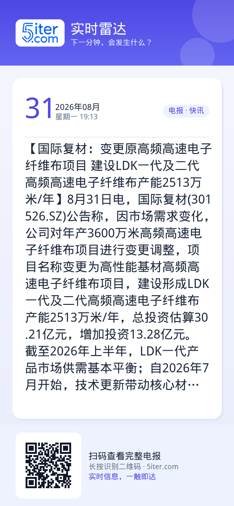 【国际复材：变更原高频高速电子纤维布项目  建设LDK一代及二代高频高速电子纤维布产能2513万米/年】8月31日电，国