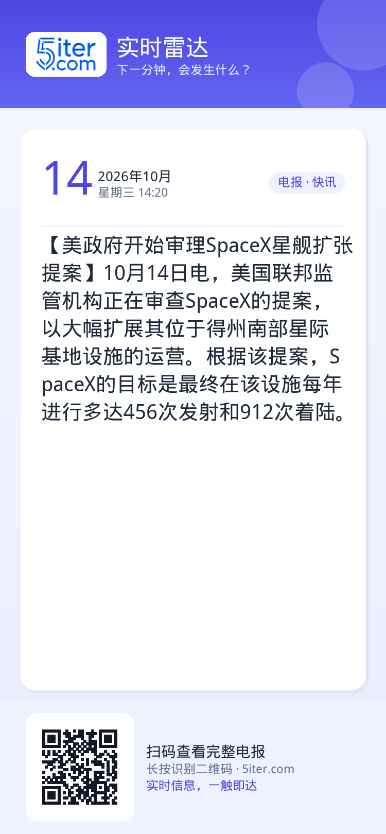【美政府开始审理SpaceX星舰扩张提案】10月14日电，美国联邦监管机构正在审查SpaceX的提案，以大幅扩展其位于得