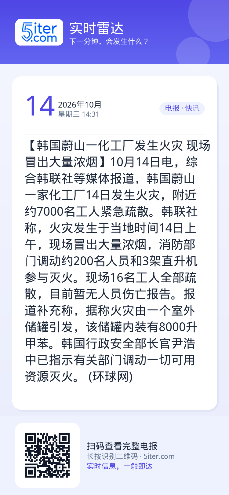 【韩国蔚山一化工厂发生火灾 现场冒出大量浓烟】10月14日电，综合韩联社等媒体报道，韩国蔚山一家化工厂14日发生火灾，附