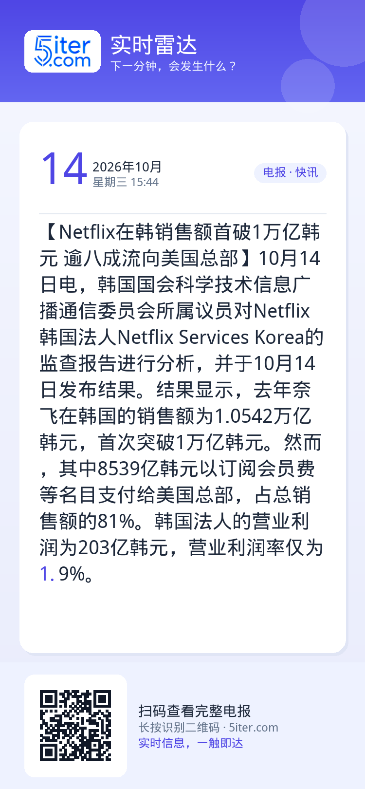 【Netflix在韩销售额首破1万亿韩元 逾八成流向美国总部】10月14日电，韩国国会科学技术信息广播通信委员会所属议员
