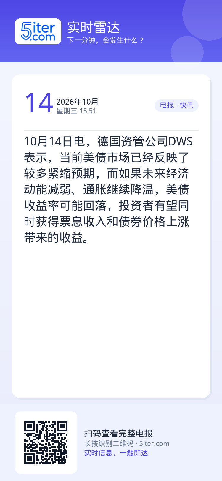 10月14日电，德国资管公司DWS表示，当前美债市场已经反映了较多紧缩预期，而如果未来经济动能减弱、通胀继续降温，美债收