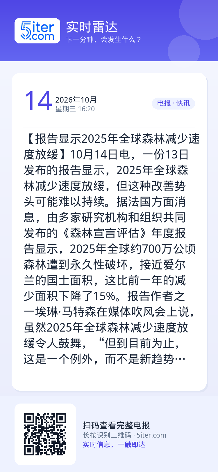【报告显示2025年全球森林减少速度放缓】10月14日电，一份13日发布的报告显示，2025年全球森林减少速度放缓，但这
