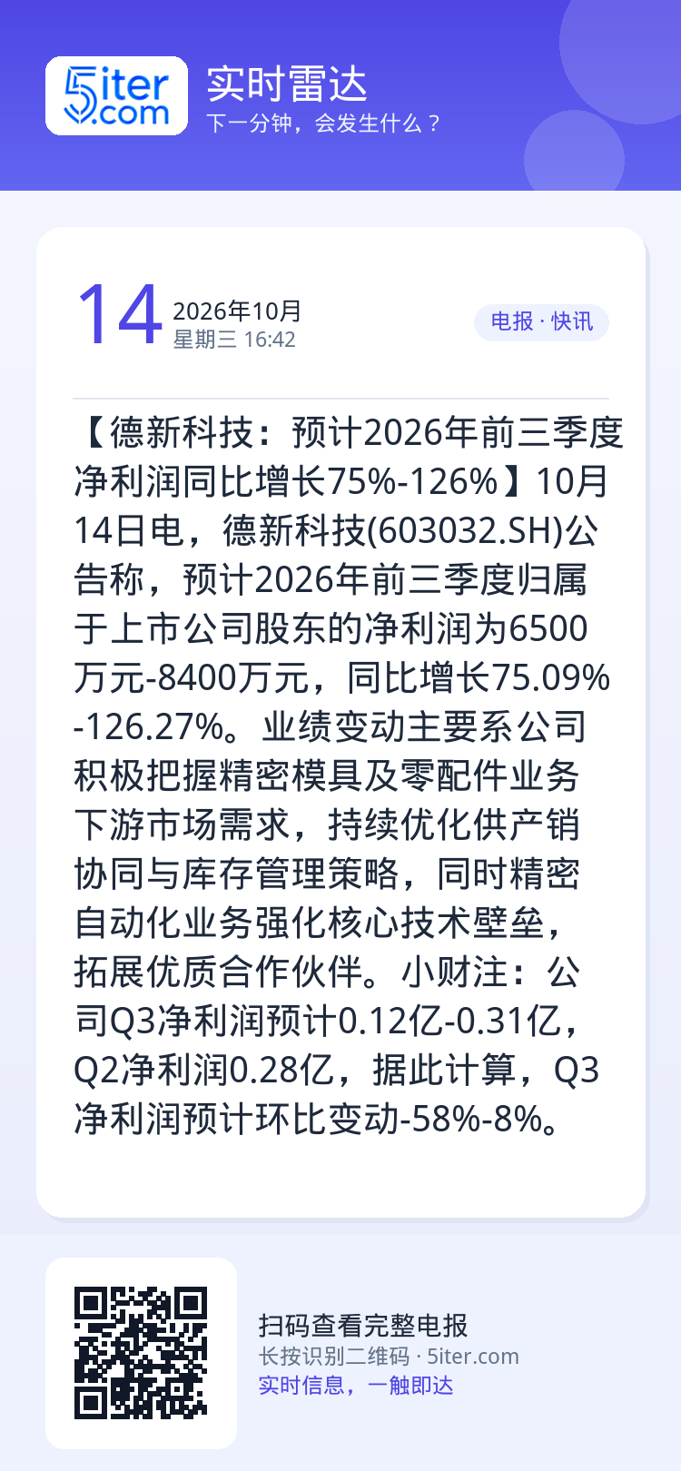 【德新科技：预计2026年前三季度净利润同比增长75%-126%】10月14日电，德新科技(603032.SH)公告称，