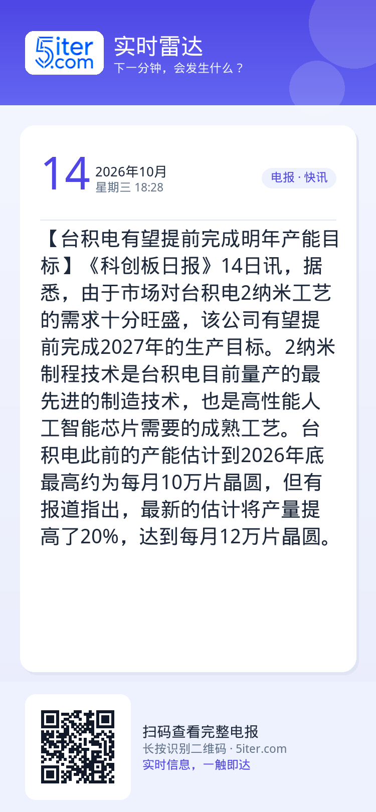 【台积电有望提前完成明年产能目标】《科创板日报》14日讯，据悉，由于市场对台积电2纳米工艺的需求十分旺盛，该公司有望提前