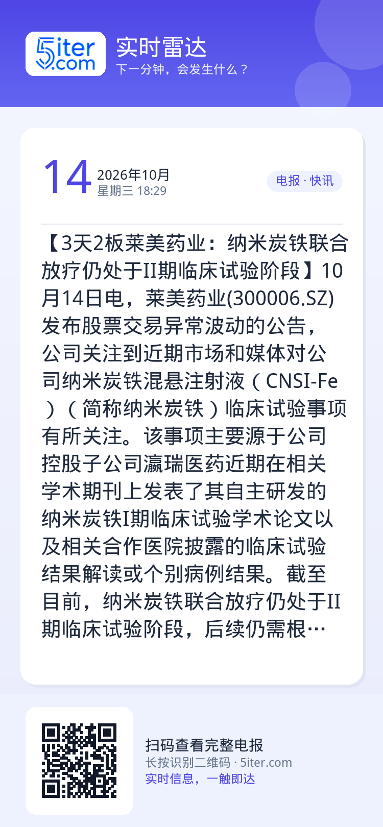 【3天2板莱美药业：纳米炭铁联合放疗仍处于II期临床试验阶段】10月14日电，莱美药业(300006.SZ)发布股票交易