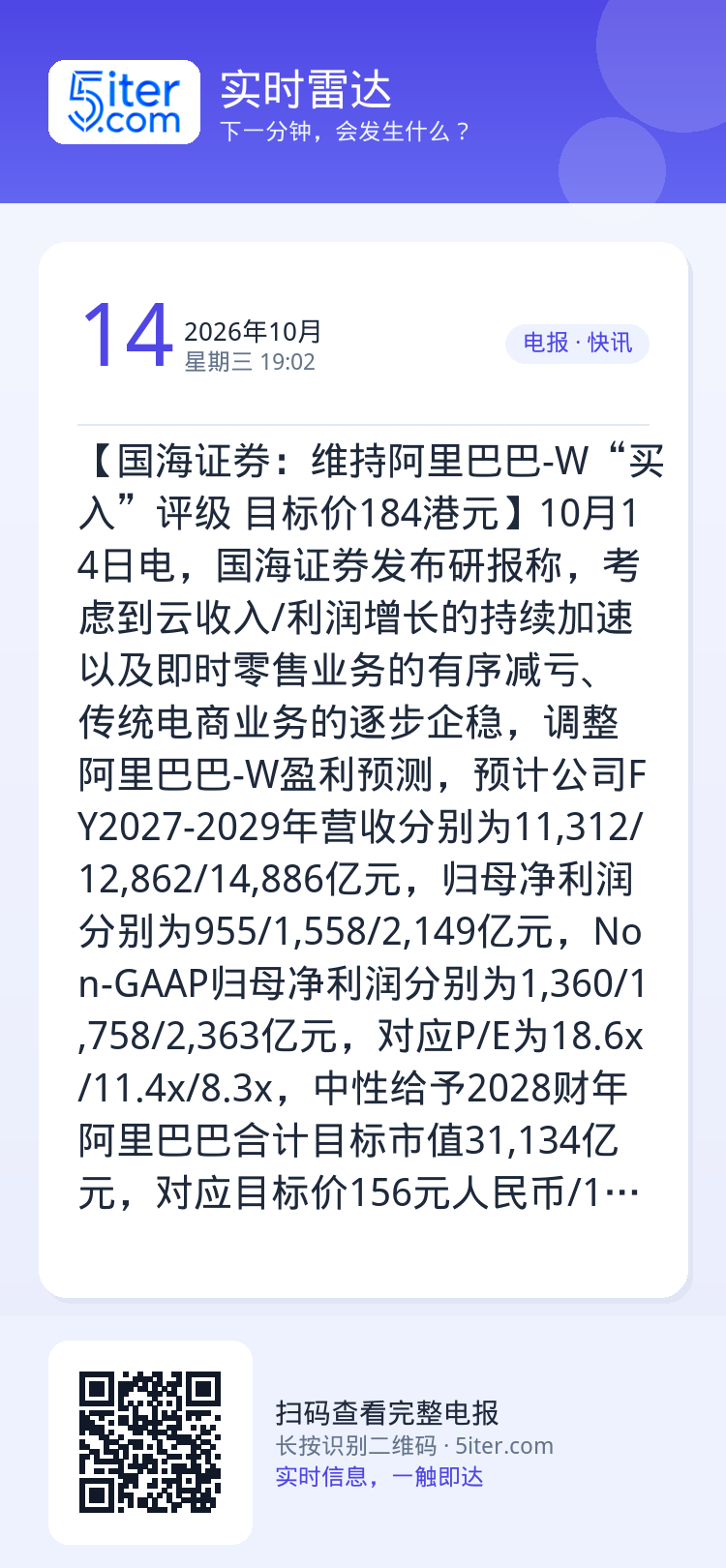 【国海证券：维持阿里巴巴-W“买入”评级 目标价184港元】10月14日电，国海证券发布研报称，考虑到云收入/利润增长的