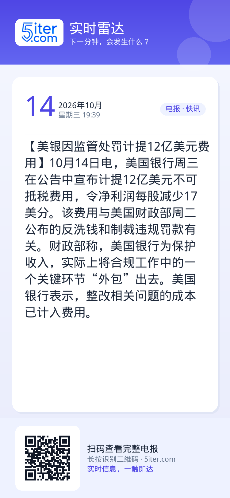 【美银因监管处罚计提12亿美元费用】10月14日电，美国银行周三在公告中宣布计提12亿美元不可抵税费用，令净利润每股减少