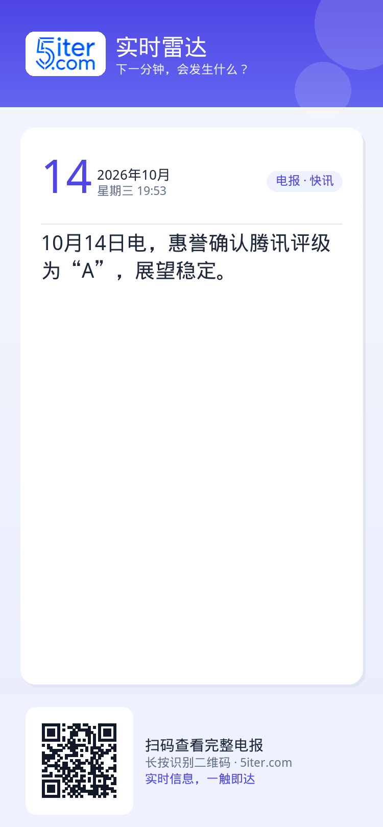 10月14日电，惠誉确认腾讯评级为“A”，展望稳定。