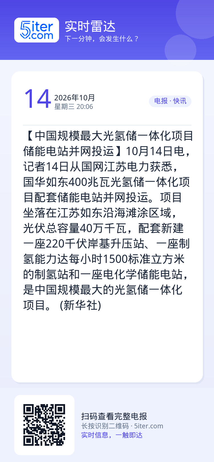 【中国规模最大光氢储一体化项目储能电站并网投运】10月14日电，记者14日从国网江苏电力获悉，国华如东400兆瓦光氢储一