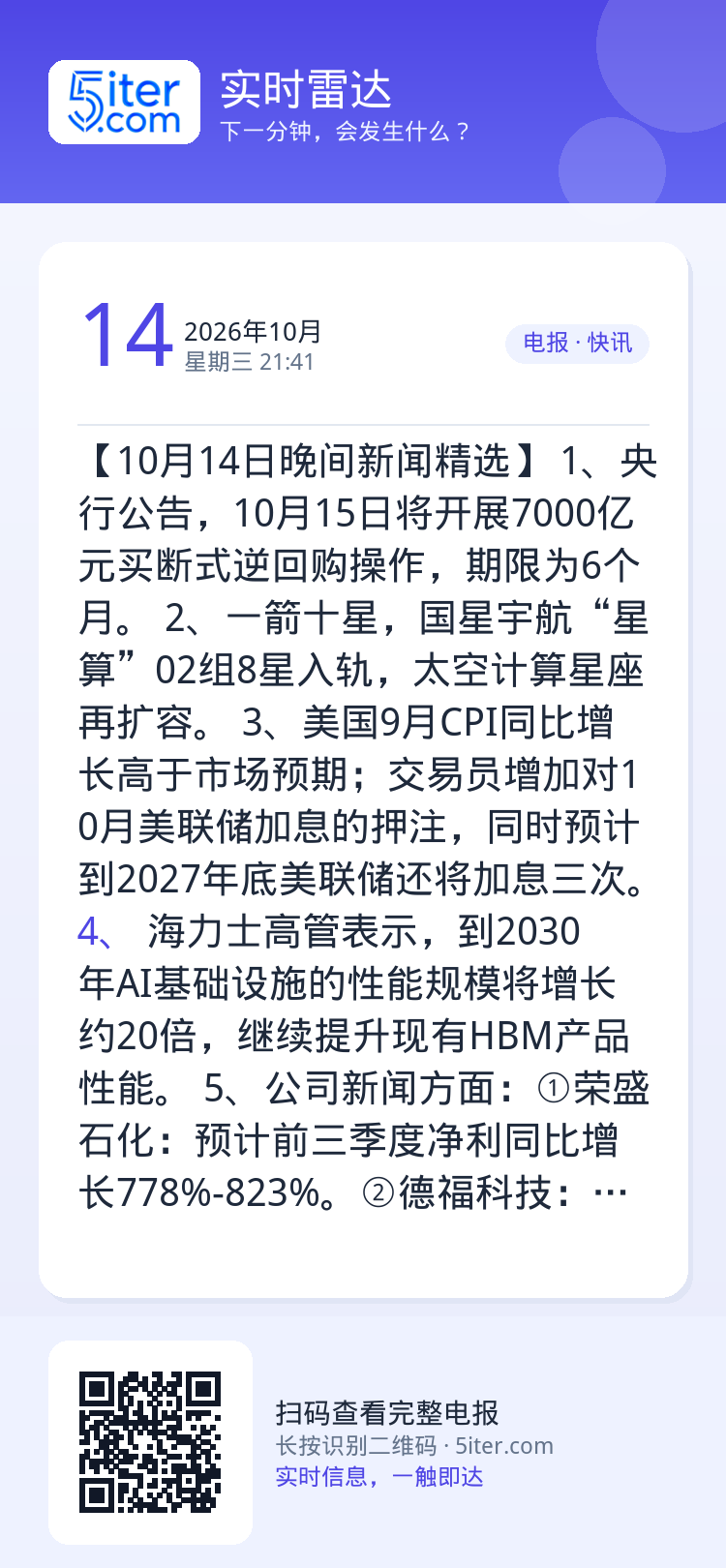 【10月14日晚间新闻精选】
1、央行公告，10月15日将开展7000亿元买断式逆回购操作，期限为6个月。
2、一箭十星