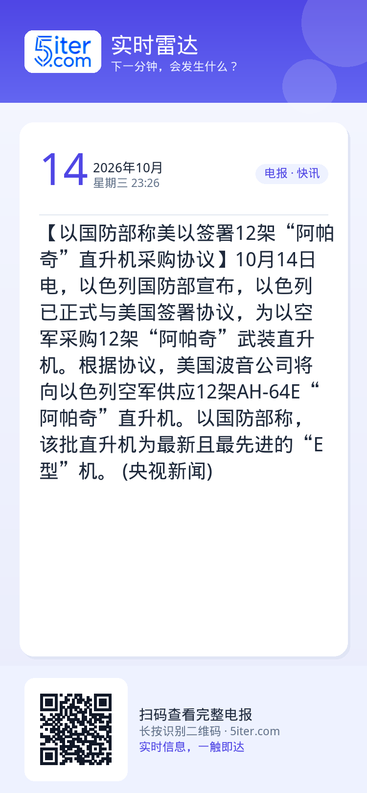【以国防部称美以签署12架“阿帕奇”直升机采购协议】10月14日电，以色列国防部宣布，以色列已正式与美国签署协议，为以空