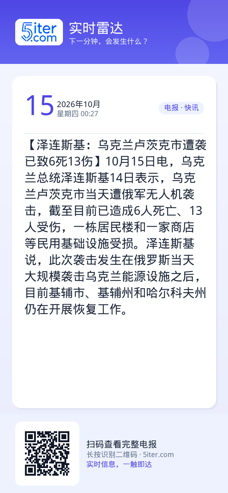 【泽连斯基：乌克兰卢茨克市遭袭已致6死13伤】10月15日电，乌克兰总统泽连斯基14日表示，乌克兰卢茨克市当天遭俄军无人