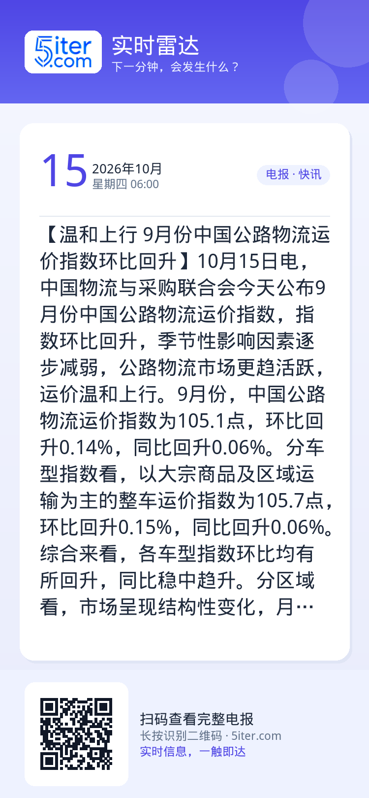 【温和上行 9月份中国公路物流运价指数环比回升】10月15日电，中国物流与采购联合会今天公布9月份中国公路物流运价指数，