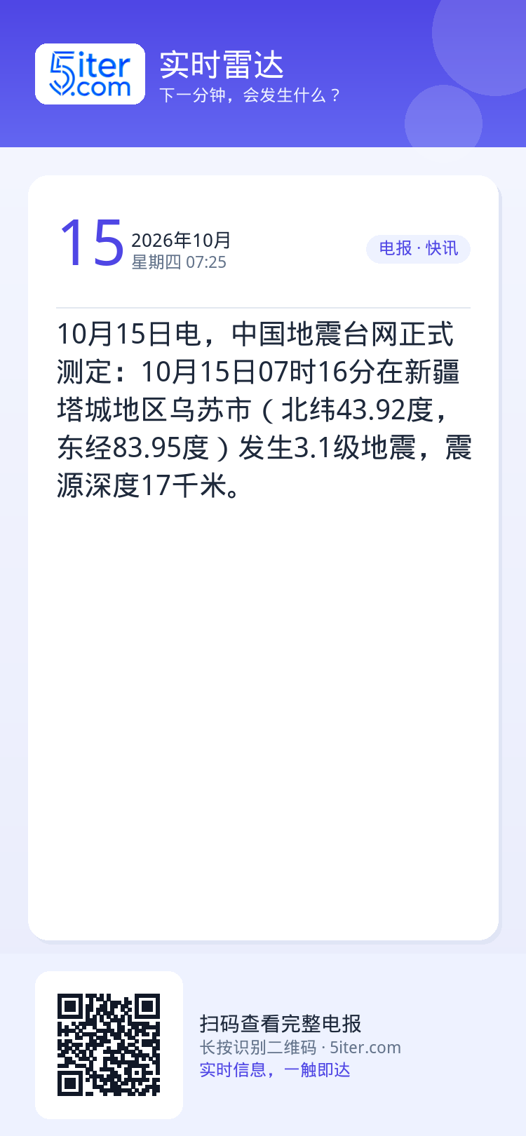 10月15日电，中国地震台网正式测定：10月15日07时16分在新疆塔城地区乌苏市（北纬43.92度，东经83.95度）