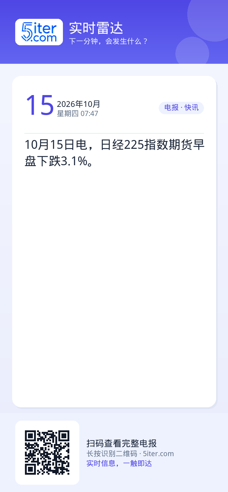 10月15日电，日经225指数期货早盘下跌3.1%。