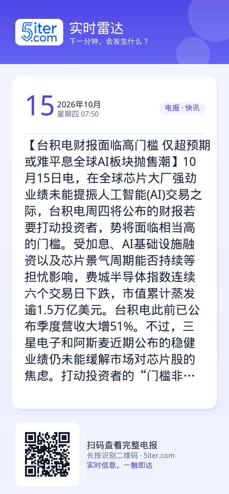 【台积电财报面临高门槛 仅超预期或难平息全球AI板块抛售潮】10月15日电，在全球芯片大厂强劲业绩未能提振人工智能(AI