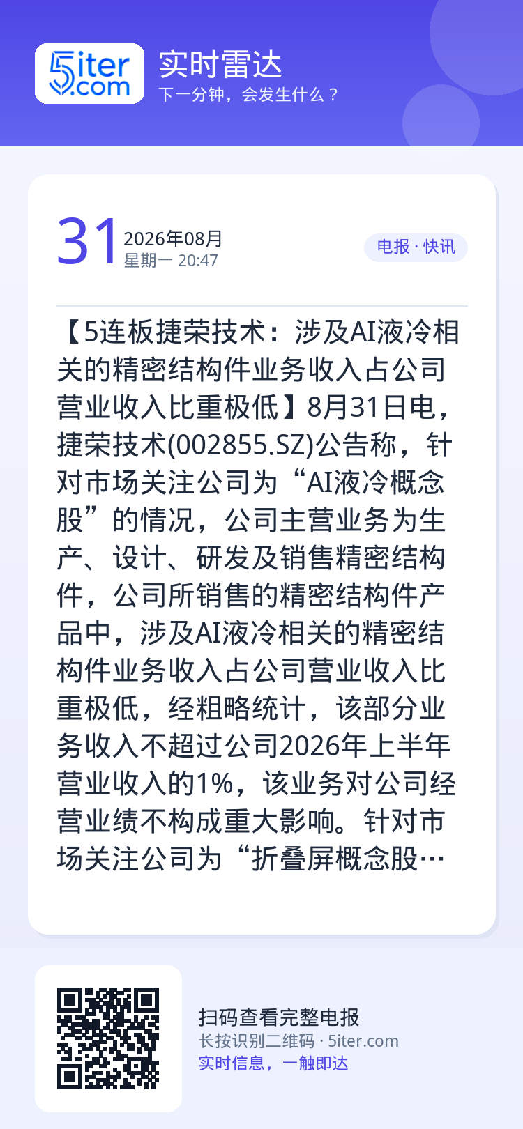 【5连板捷荣技术：涉及AI液冷相关的精密结构件业务收入占公司营业收入比重极低】8月31日电，捷荣技术(002855.SZ