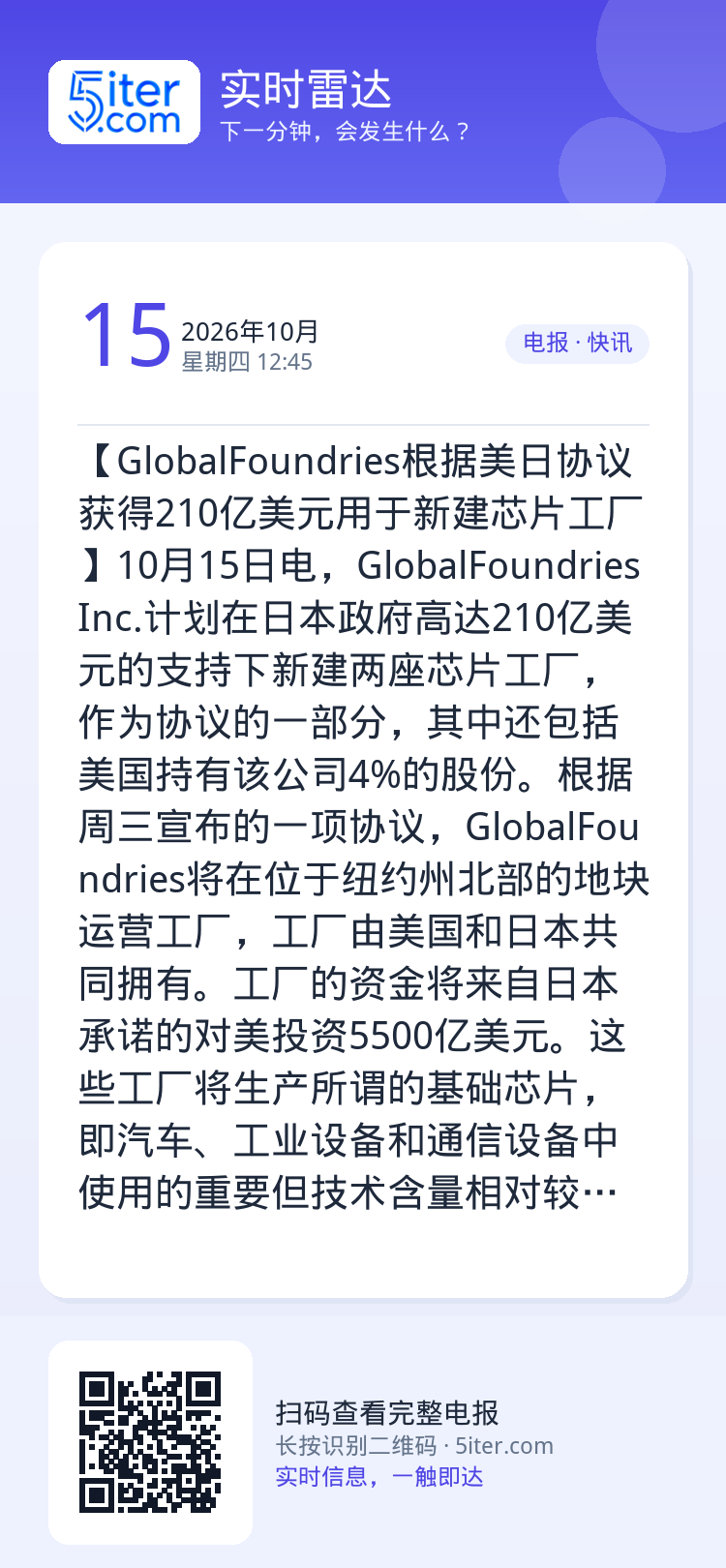 【GlobalFoundries根据美日协议获得210亿美元用于新建芯片工厂】10月15日电，GlobalFoundri