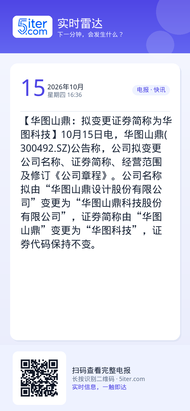 【华图山鼎：拟变更证券简称为华图科技】10月15日电，华图山鼎(300492.SZ)公告称，公司拟变更公司名称、证券简称