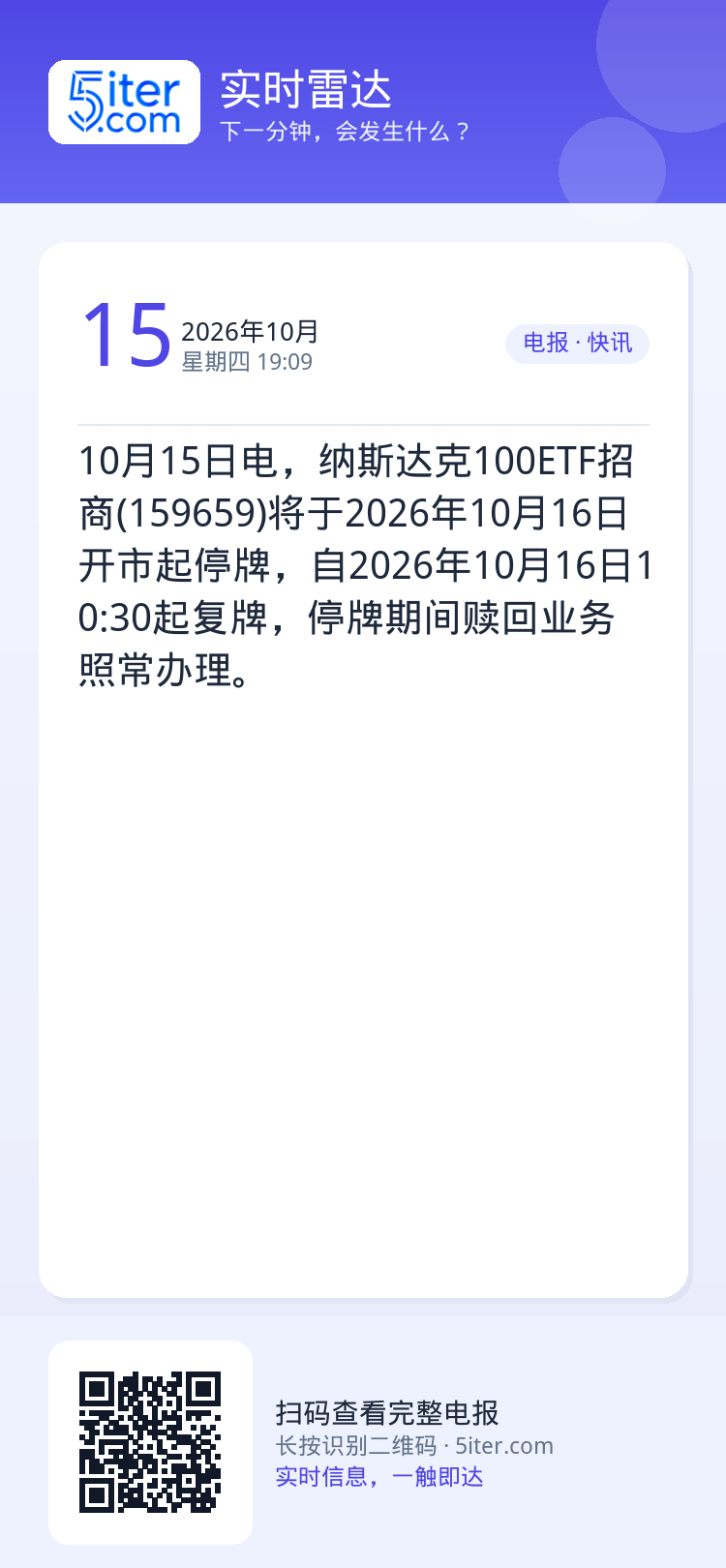 10月15日电，纳斯达克100ETF招商(159659)将于2026年10月16日开市起停牌，自2026年10月16日1
