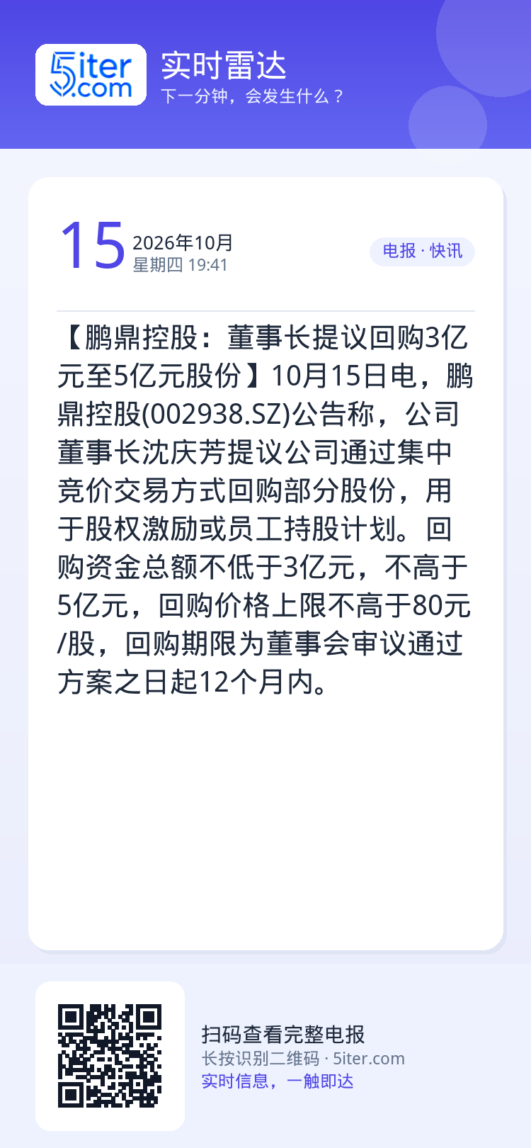 【鹏鼎控股：董事长提议回购3亿元至5亿元股份】10月15日电，鹏鼎控股(002938.SZ)公告称，公司董事长沈庆芳提议