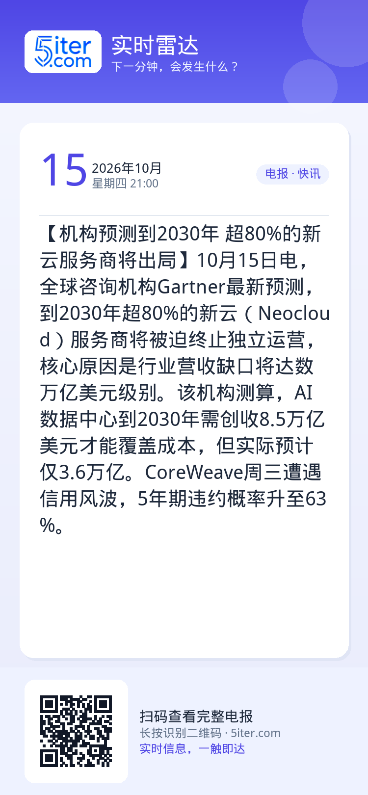 【机构预测到2030年 超80%的新云服务商将出局】10月15日电，全球咨询机构Gartner最新预测，到2030年超8