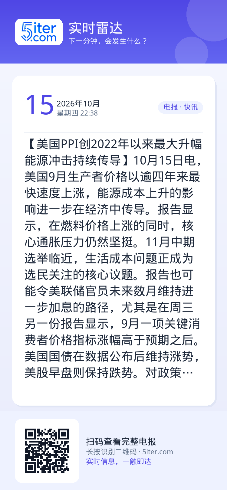 【美国PPI创2022年以来最大升幅 能源冲击持续传导】10月15日电，美国9月生产者价格以逾四年来最快速度上涨，能源成