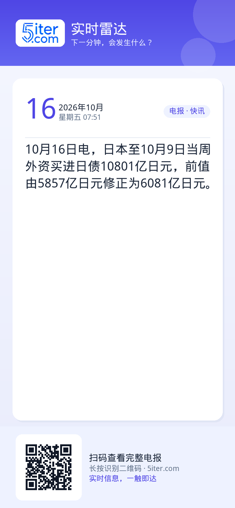 10月16日电，日本至10月9日当周外资买进日债10801亿日元，前值由5857亿日元修正为6081亿日元。