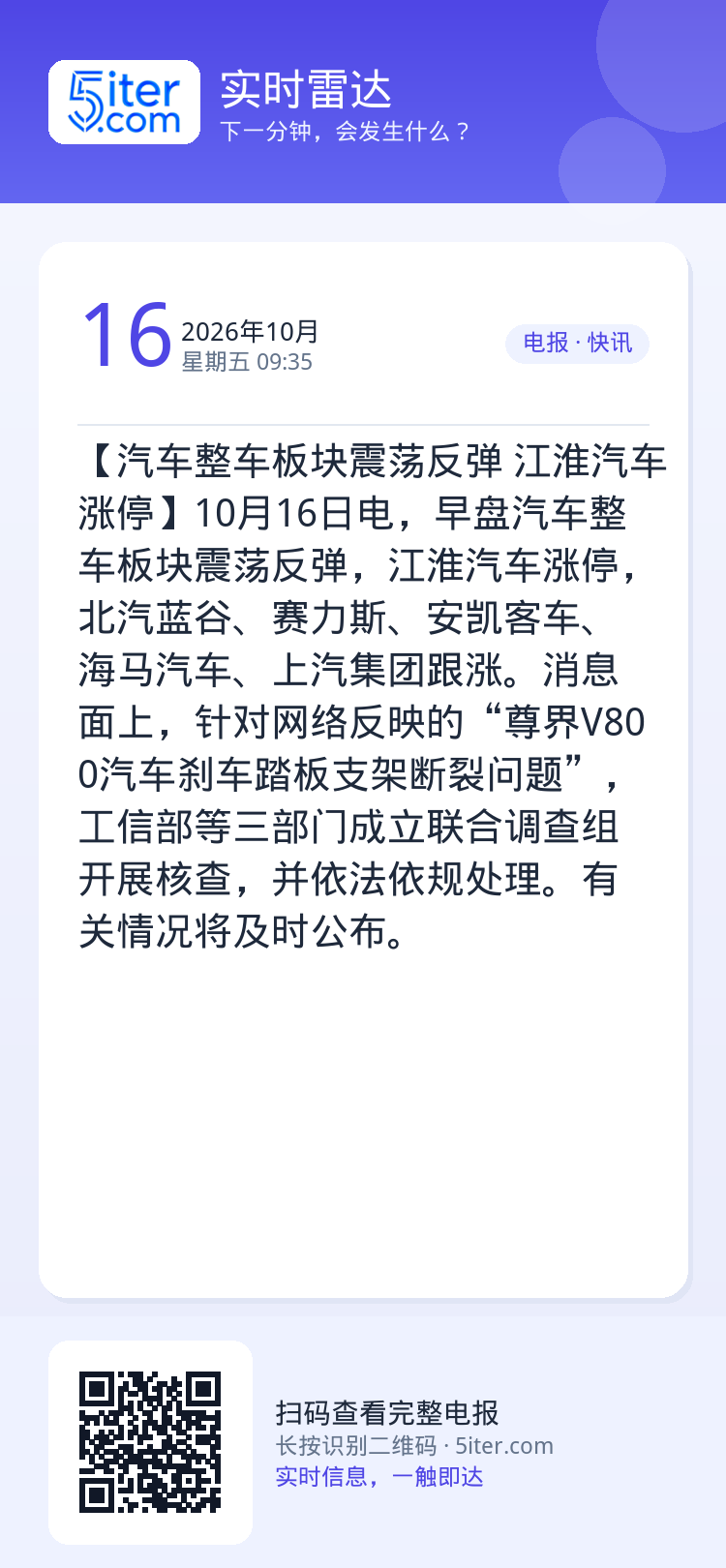 【汽车整车板块震荡反弹 江淮汽车涨停】10月16日电，早盘汽车整车板块震荡反弹，江淮汽车涨停，北汽蓝谷、赛力斯、安凯客车