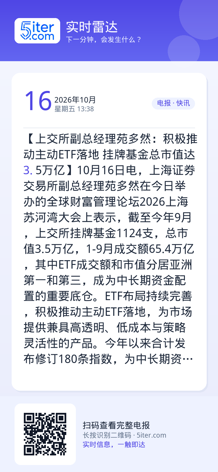 【上交所副总经理苑多然：积极推动主动ETF落地 挂牌基金总市值达3.5万亿】10月16日电，上海证券交易所副总经理苑多然