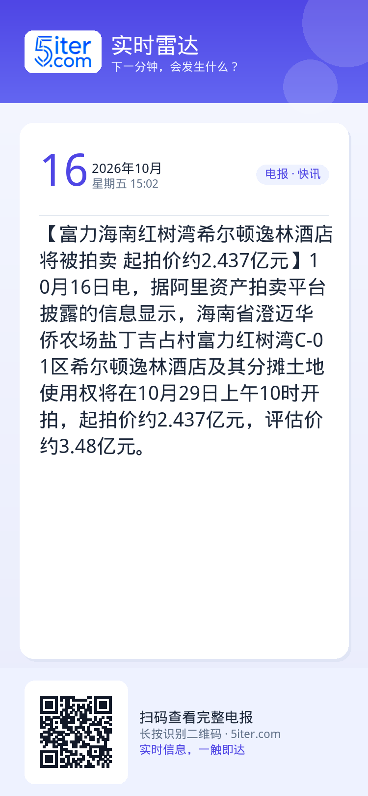 【富力海南红树湾希尔顿逸林酒店将被拍卖 起拍价约2.437亿元】10月16日电，据阿里资产拍卖平台披露的信息显示，海南省