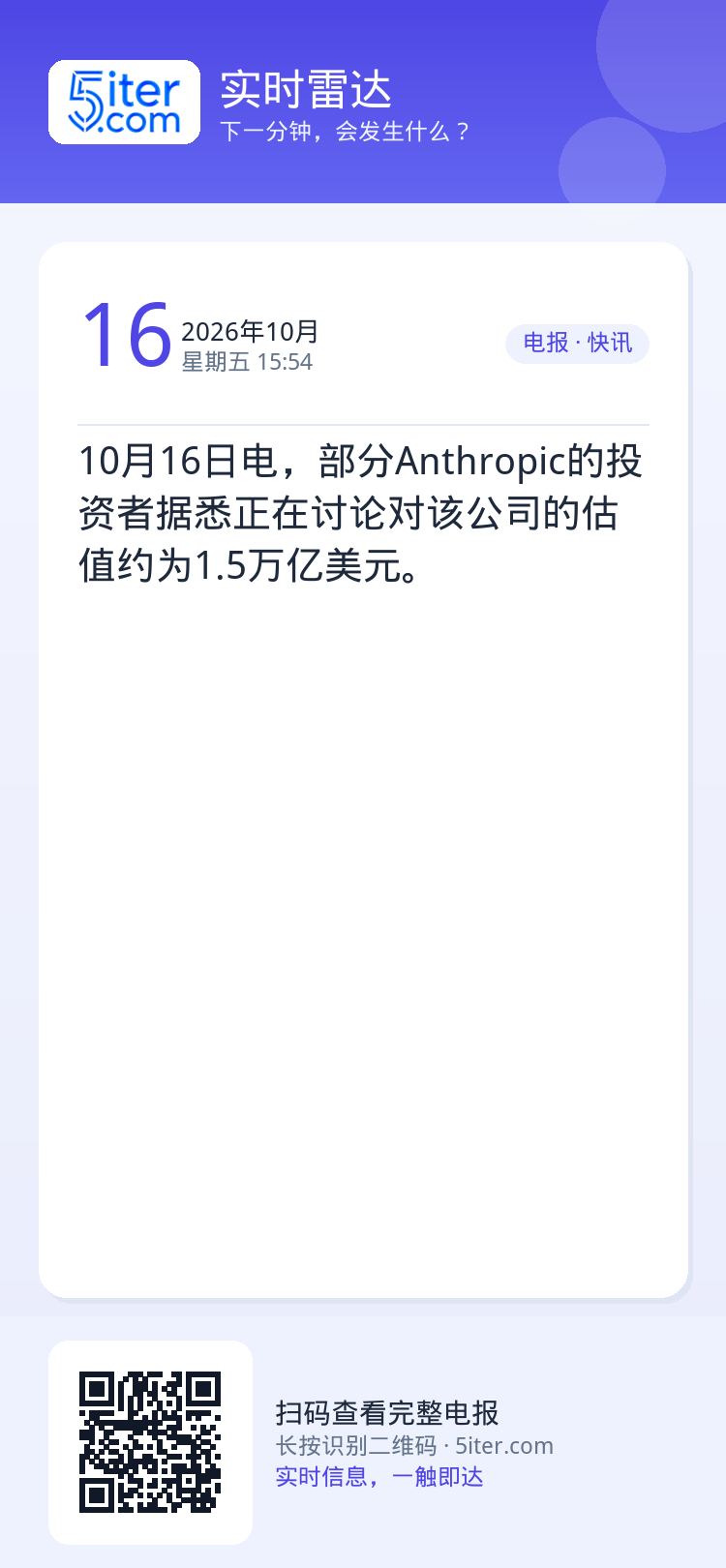 10月16日电，部分Anthropic的投资者据悉正在讨论对该公司的估值约为1.5万亿美元。
