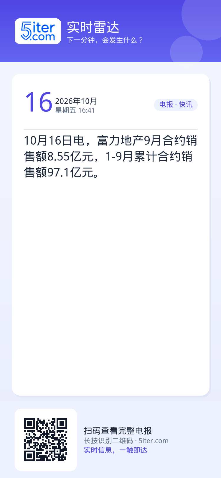 10月16日电，富力地产9月合约销售额8.55亿元，1-9月累计合约销售额97.1亿元。