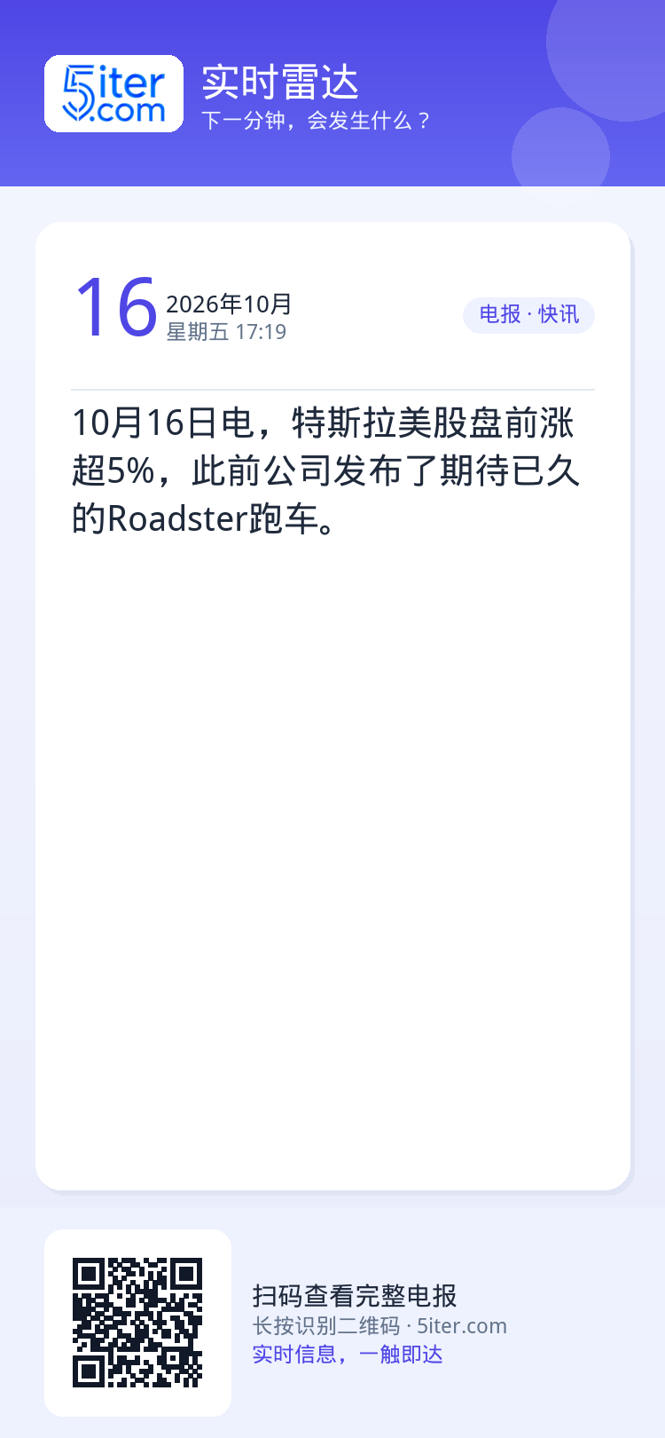 10月16日电，特斯拉美股盘前涨超5%，此前公司发布了期待已久的Roadster跑车。
