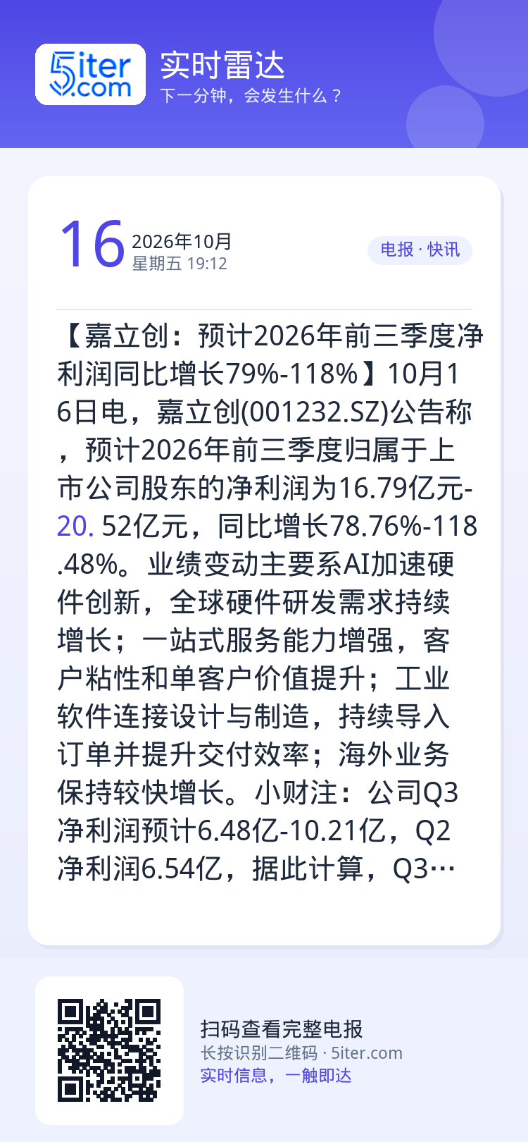 【嘉立创：预计2026年前三季度净利润同比增长79%-118%】10月16日电，嘉立创(001232.SZ)公告称，预计