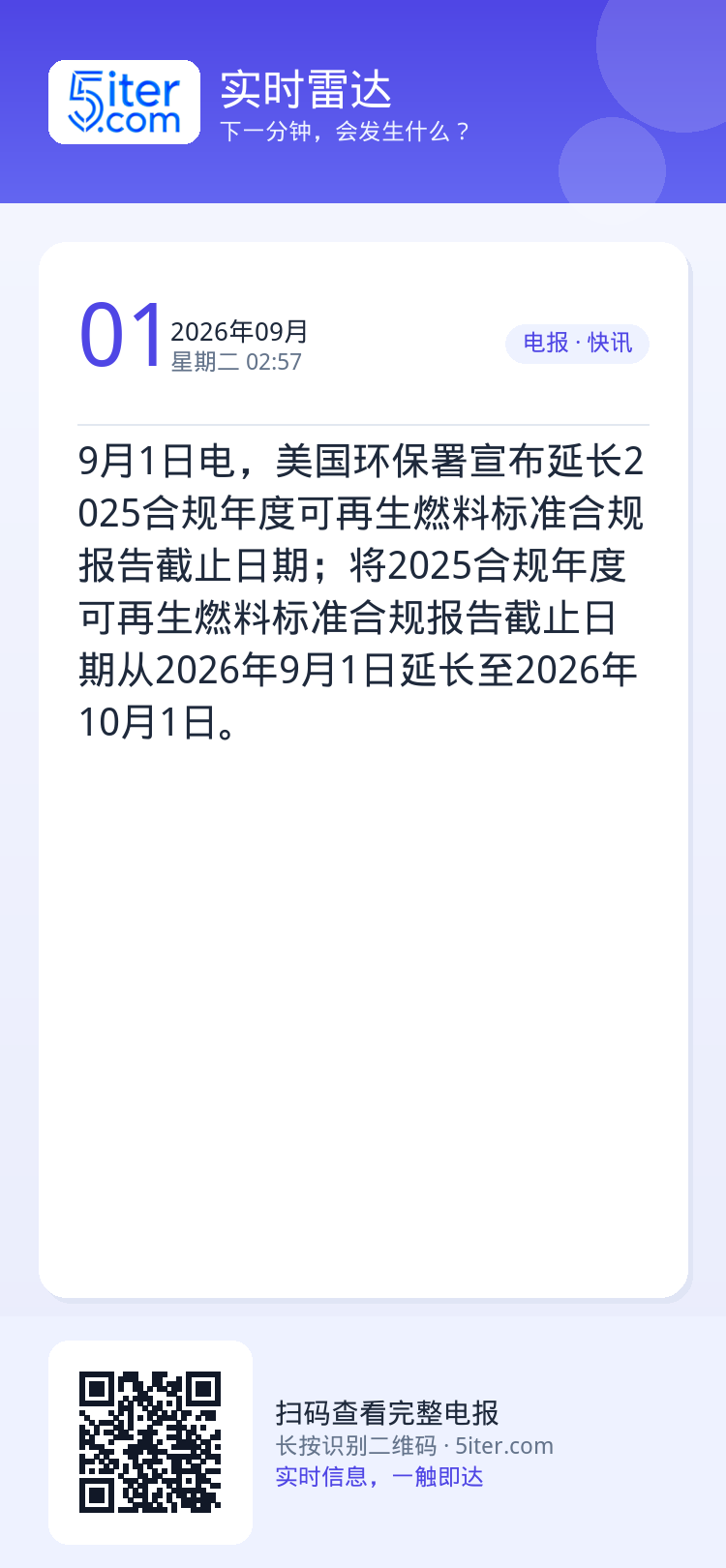 9月1日电，美国环保署宣布延长2025合规年度可再生燃料标准合规报告截止日期；将2025合规年度可再生燃料标准合规报告截