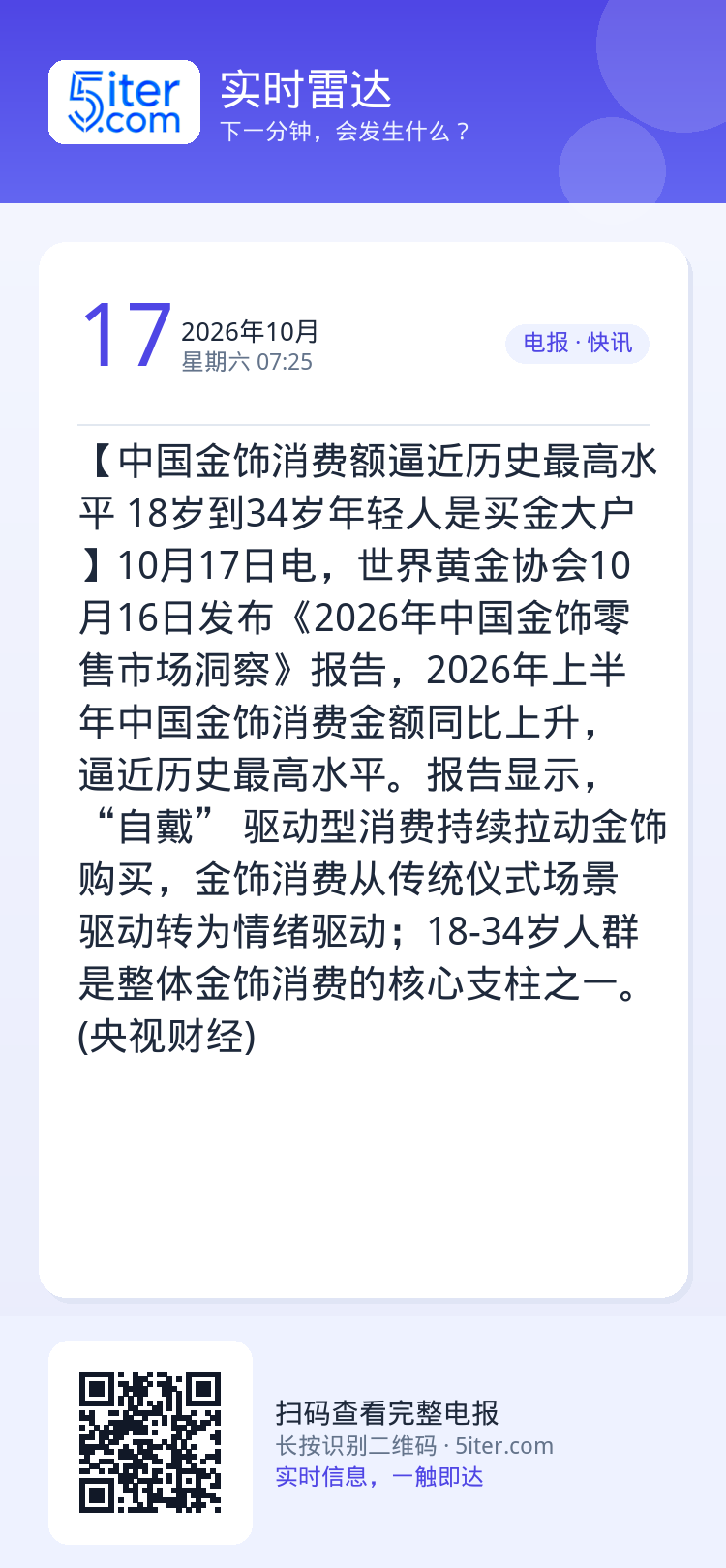 【中国金饰消费额逼近历史最高水平 18岁到34岁年轻人是买金大户】10月17日电，世界黄金协会10月16日发布《2026