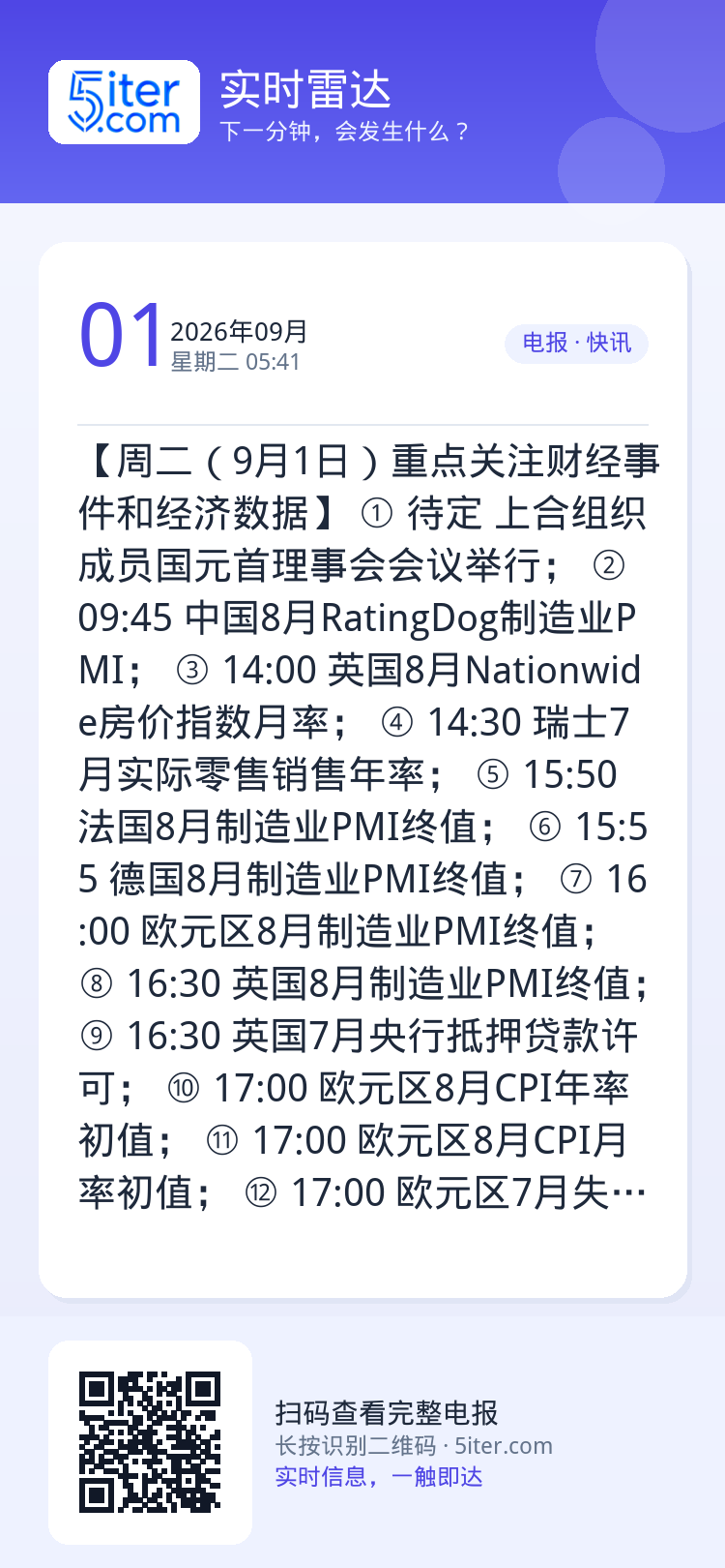 【周二（9月1日）重点关注财经事件和经济数据】
① 待定 上合组织成员国元首理事会会议举行；
② 09:45 中国8月R