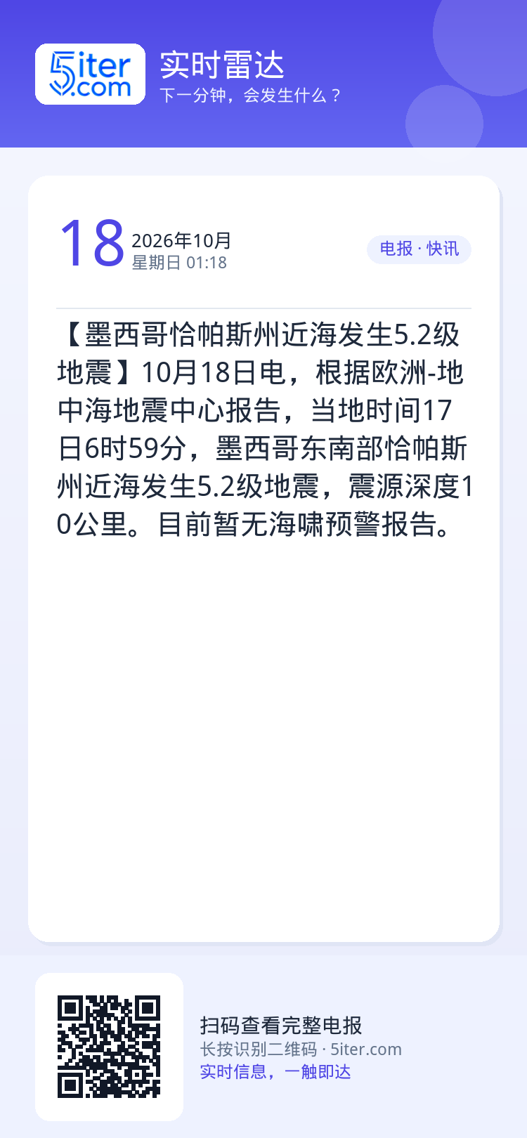 【墨西哥恰帕斯州近海发生5.2级地震】10月18日电，根据欧洲-地中海地震中心报告，当地时间17日6时59分，墨西哥东南